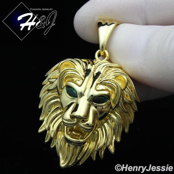 MEN 925 STERLING SILVER PLAIN GREEN EYE 3D GOLD LION HEAD CHARM PENDANT*SP364