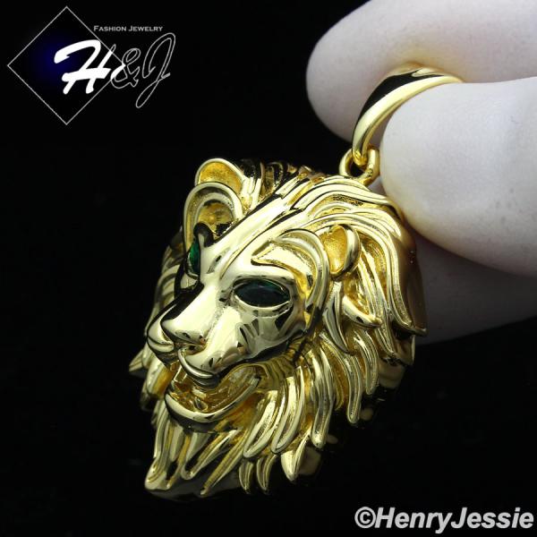 MEN 925 STERLING SILVER PLAIN GREEN EYE 3D GOLD LION HEAD CHARM PENDANT*SP364