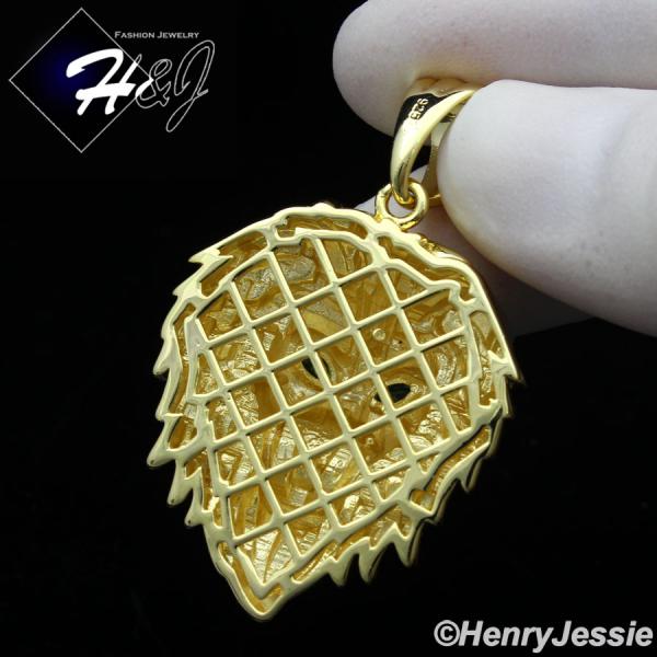 MEN 925 STERLING SILVER PLAIN GREEN EYE 3D GOLD LION HEAD CHARM PENDANT*SP364
