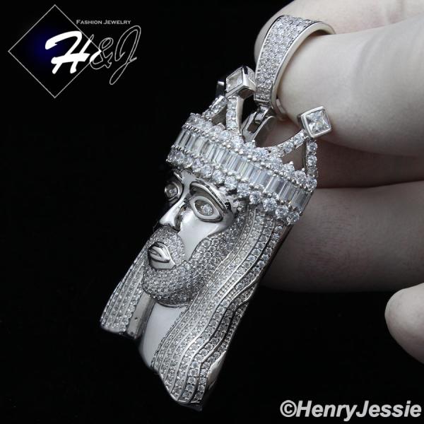 MEN 925 STERLING SILVER ICY BAGUETTE DIAMOND SILVER 3D CROWN JESUS CROSS CHARM PENDANT*SP365