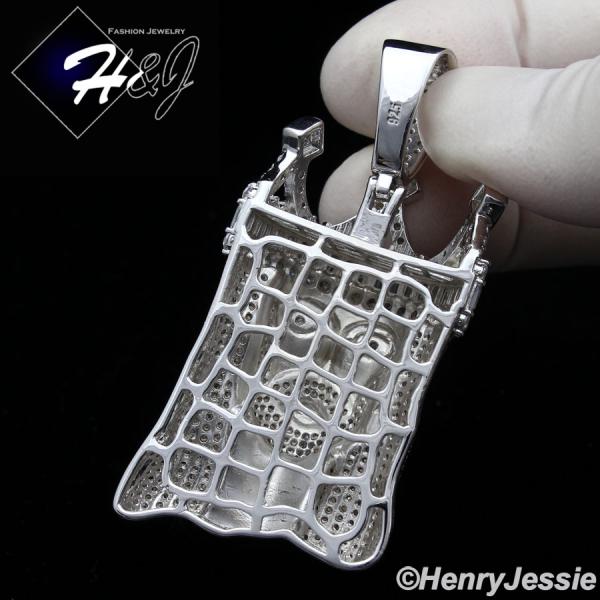 MEN 925 STERLING SILVER ICY BAGUETTE DIAMOND SILVER 3D CROWN JESUS CROSS CHARM PENDANT*SP365