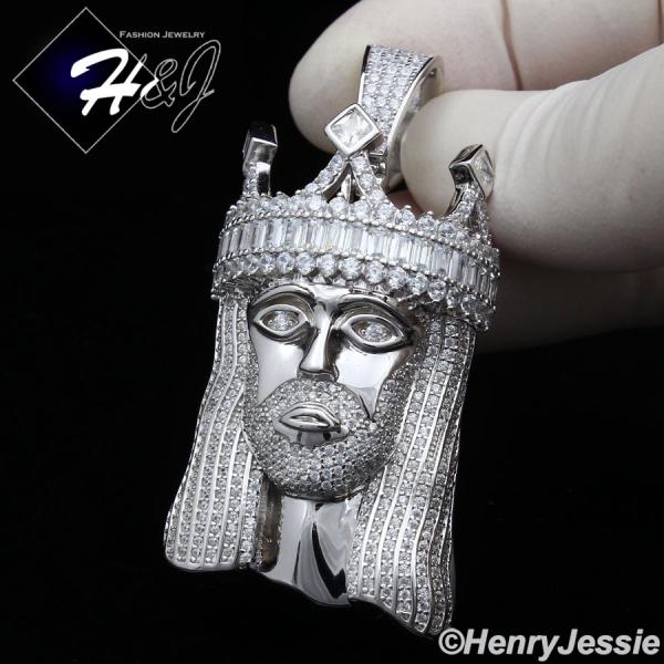 MEN 925 STERLING SILVER ICY BAGUETTE DIAMOND SILVER 3D CROWN JESUS CROSS CHARM PENDANT*SP365
