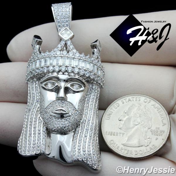 MEN 925 STERLING SILVER ICY BAGUETTE DIAMOND SILVER 3D CROWN JESUS CROSS CHARM PENDANT*SP365
