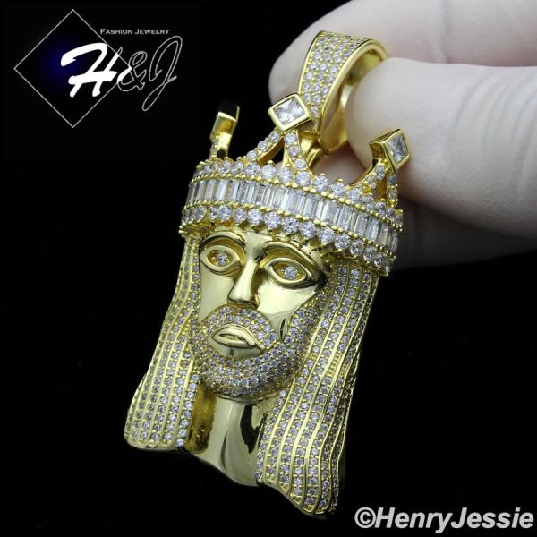 MEN 925 STERLING SILVER ICY BAGUETTE DIAMOND GOLD 3D CROWN JESUS CROSS CHARM PENDANT*SP365