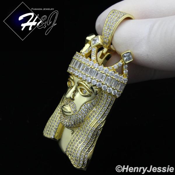 MEN 925 STERLING SILVER ICY BAGUETTE DIAMOND GOLD 3D CROWN JESUS CROSS CHARM PENDANT*SP365