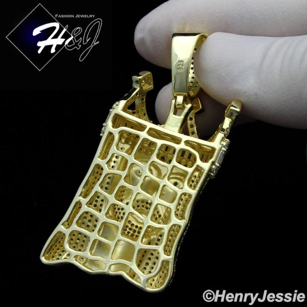 MEN 925 STERLING SILVER ICY BAGUETTE DIAMOND GOLD 3D CROWN JESUS CROSS CHARM PENDANT*SP365
