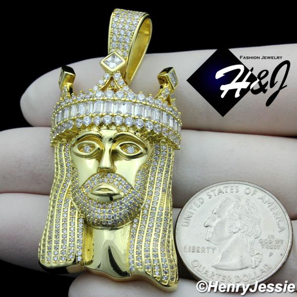 MEN 925 STERLING SILVER ICY BAGUETTE DIAMOND GOLD 3D CROWN JESUS CROSS CHARM PENDANT*SP365