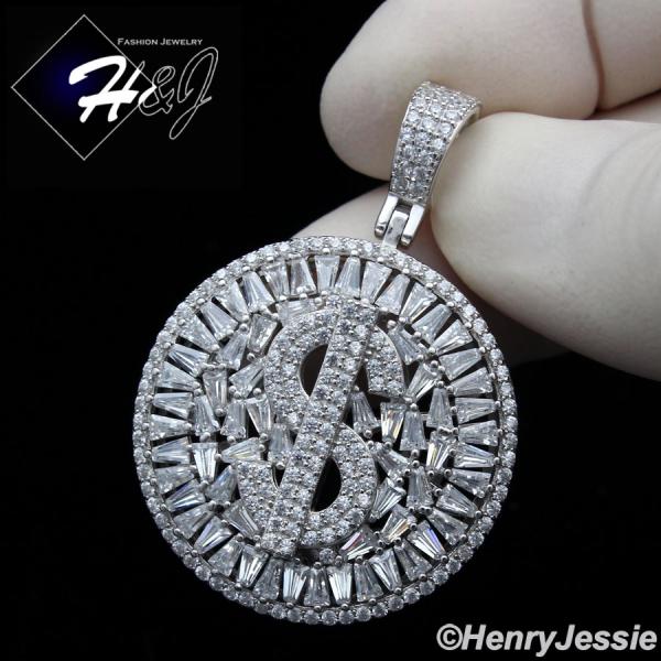 MEN 925 STERLING SILVER ICY BAGUETTE DIAMOND SILVER 3D DOLLAR $ SIGN ROUND PENDANT*SP366