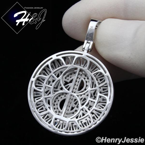 MEN 925 STERLING SILVER ICY BAGUETTE DIAMOND SILVER 3D DOLLAR $ SIGN ROUND PENDANT*SP366