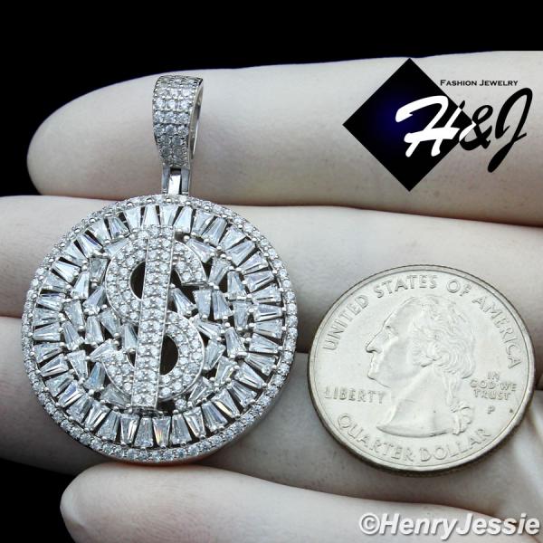 MEN 925 STERLING SILVER ICY BAGUETTE DIAMOND SILVER 3D DOLLAR $ SIGN ROUND PENDANT*SP366