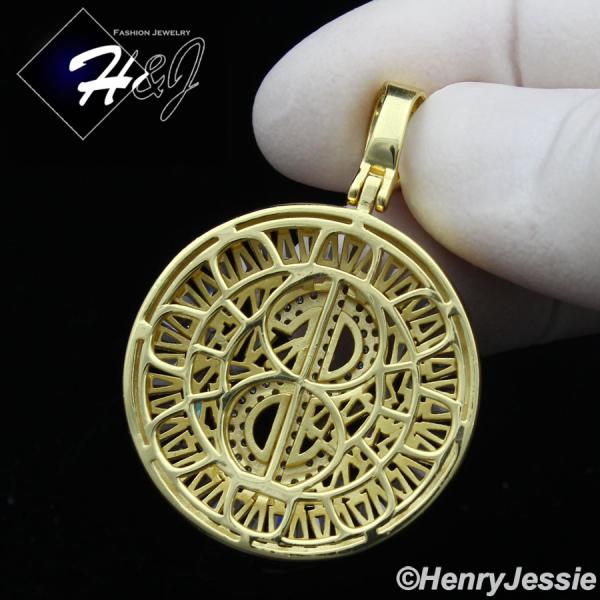 MEN 925 STERLING SILVER ICY BAGUETTE DIAMOND GOLD 3D DOLLAR $ SIGN ROUND PENDANT*SP366