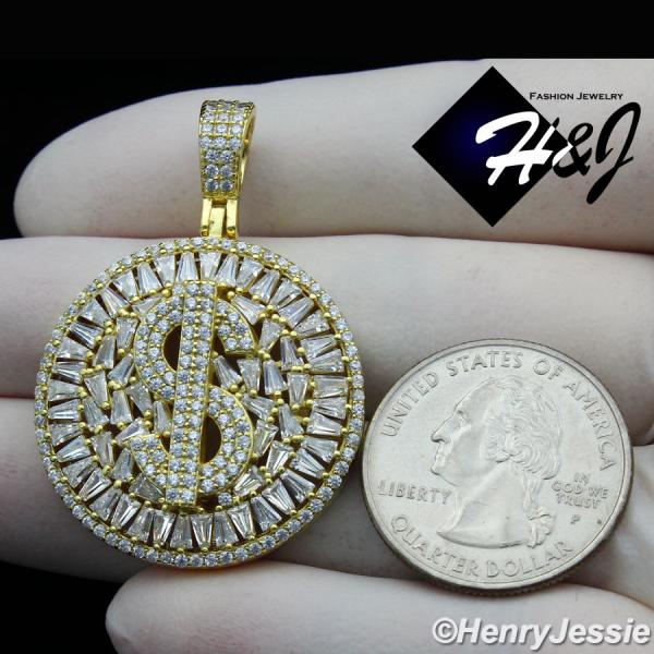 MEN 925 STERLING SILVER ICY BAGUETTE DIAMOND GOLD 3D DOLLAR $ SIGN ROUND PENDANT*SP366
