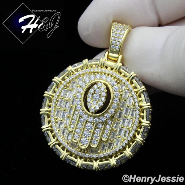 MEN 925 STERLING SILVER ICY BAGUETTE DIAMOND 3D EVIL EYE HAMSA HAND GOLD ROUND PENDANT*GP367