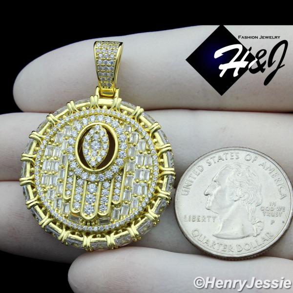 MEN 925 STERLING SILVER ICY BAGUETTE DIAMOND 3D EVIL EYE HAMSA HAND GOLD ROUND PENDANT*GP367