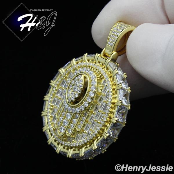 MEN 925 STERLING SILVER ICY BAGUETTE DIAMOND 3D EVIL EYE HAMSA HAND GOLD ROUND PENDANT*GP367