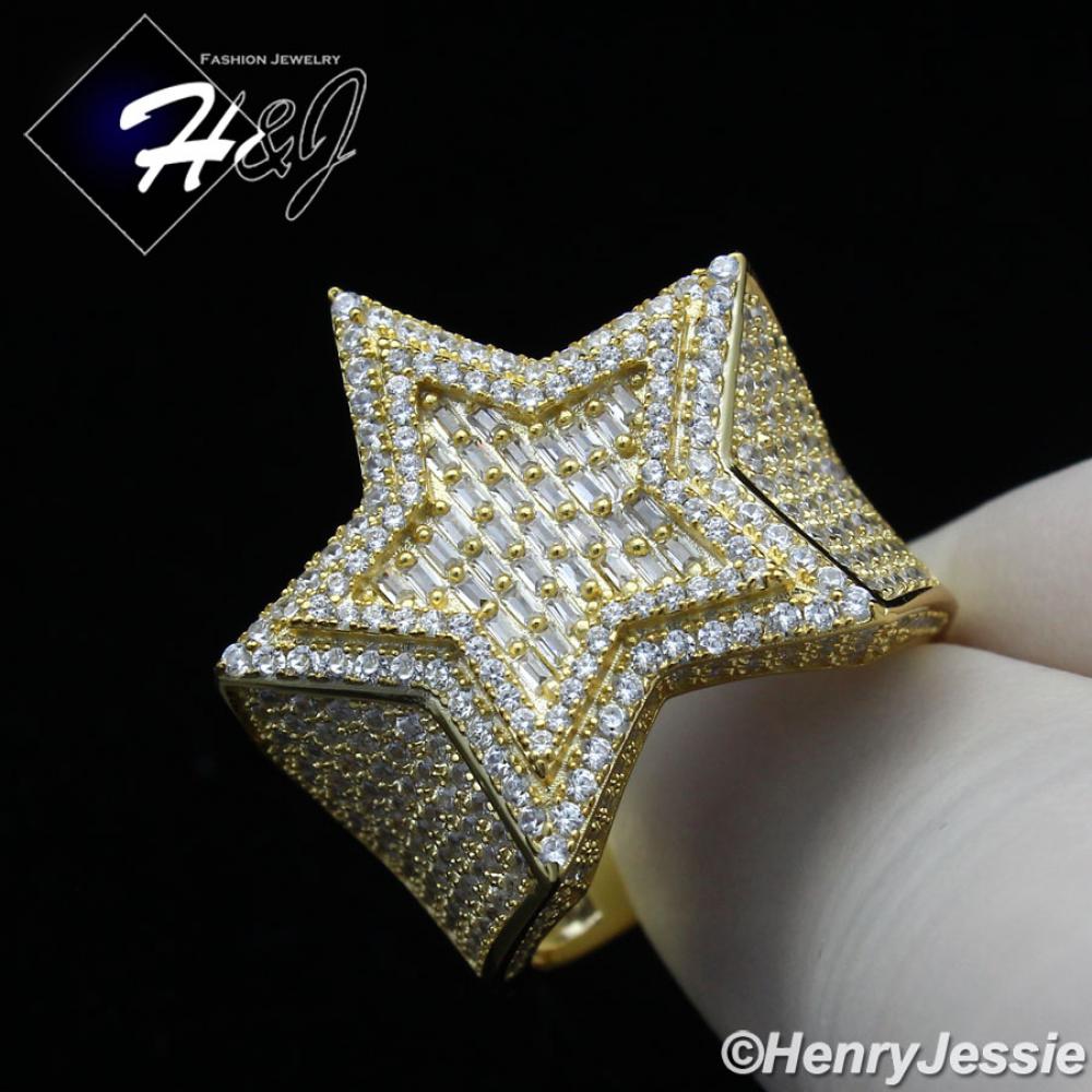 MEN 925 STERLING SILVER LAB BAGUETTE DIAMOND ICED BLING 3D GOLD DOUBLE STAR RING*GR179