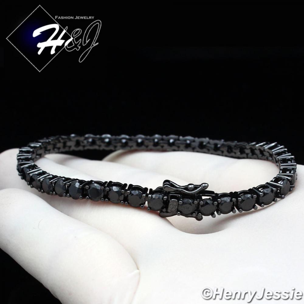7"-8.5"MEN WOMEN 14K BLACK GOLD FINISH 4MM ICED 1 ROW BLACK TENNIS CHAIN BRACELET*BB2