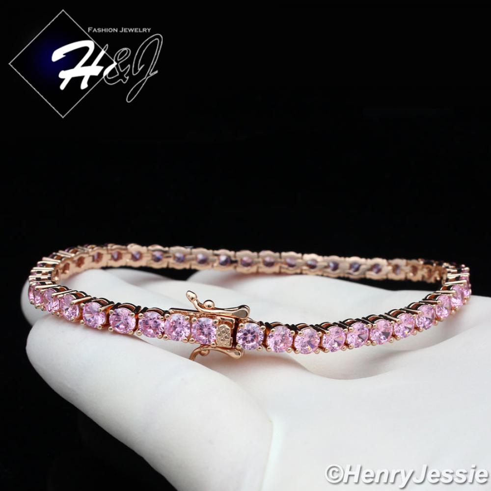 6.5"-8.5"WOMEN 14K ROSE GOLD FINISH 4MM ICED 1 ROW PINK TENNIS CHAIN BRACELET*BB2
