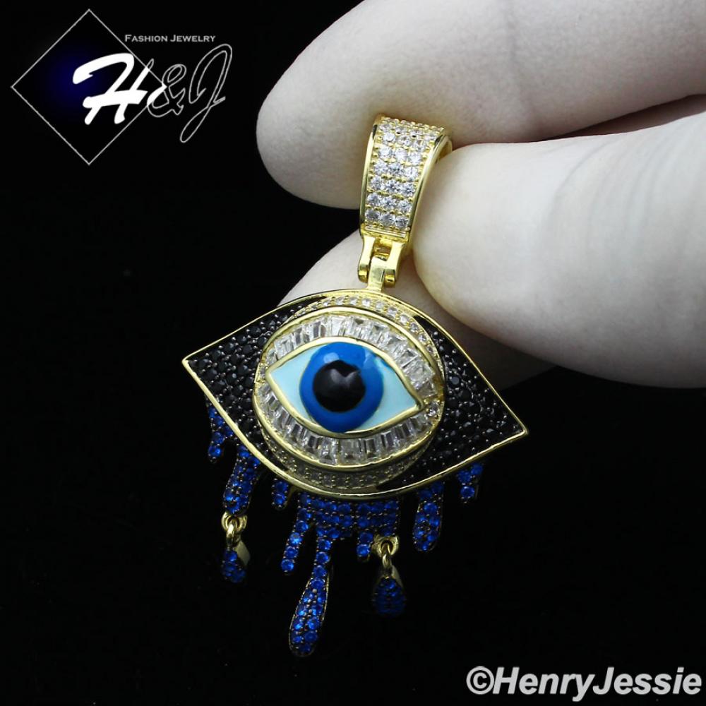 MEN WOMEN 925 STERLING SILVER ICY BLACK BLUE GOLD 3D EVIL EYE TEARDROP PENDANT*GP356