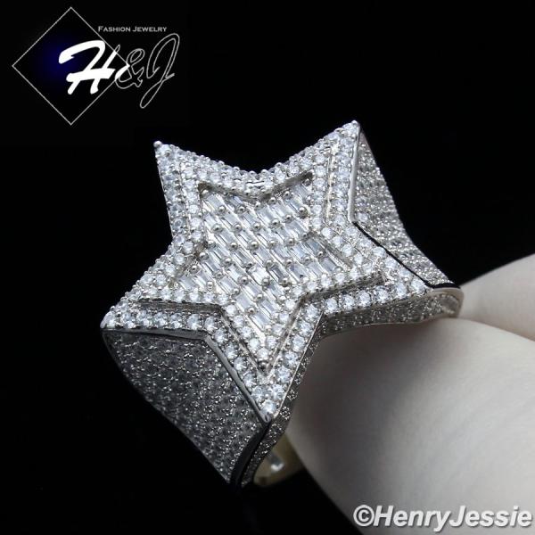 MEN 925 STERLING SILVER LAB BAGUETTE DIAMOND ICED BLING 3D DOUBLE STAR RING*SR179