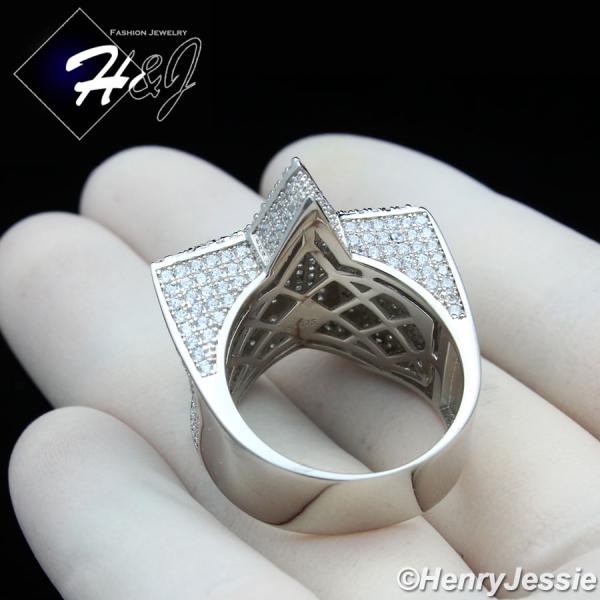 MEN 925 STERLING SILVER LAB BAGUETTE DIAMOND ICED BLING 3D DOUBLE STAR RING*SR179