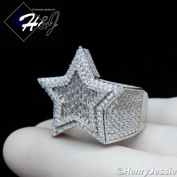 MEN 925 STERLING SILVER LAB BAGUETTE DIAMOND ICED BLING 3D DOUBLE STAR RING*SR179