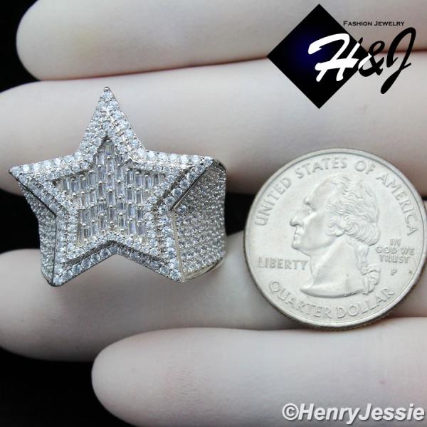MEN 925 STERLING SILVER LAB BAGUETTE DIAMOND ICED BLING 3D DOUBLE STAR RING*SR179