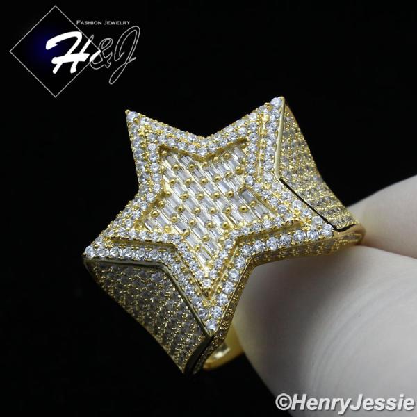 MEN 925 STERLING SILVER LAB BAGUETTE DIAMOND ICED BLING 3D GOLD DOUBLE STAR RING*GR179