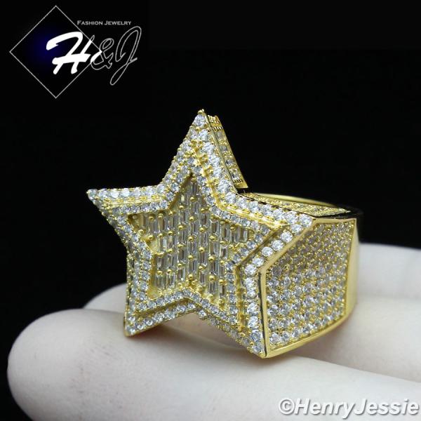 MEN 925 STERLING SILVER LAB BAGUETTE DIAMOND ICED BLING 3D GOLD DOUBLE STAR RING*GR179