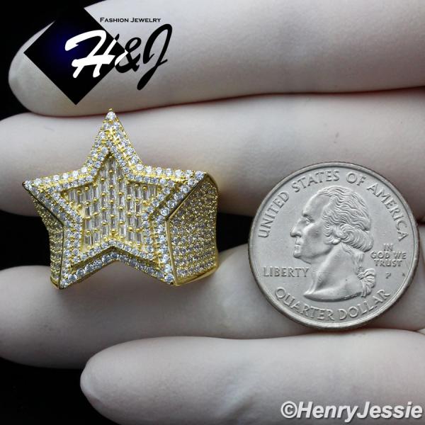 MEN 925 STERLING SILVER LAB BAGUETTE DIAMOND ICED BLING 3D GOLD DOUBLE STAR RING*GR179