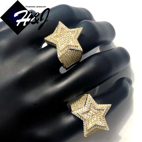 MEN 925 STERLING SILVER LAB BAGUETTE DIAMOND ICED BLING 3D GOLD DOUBLE STAR RING*GR179