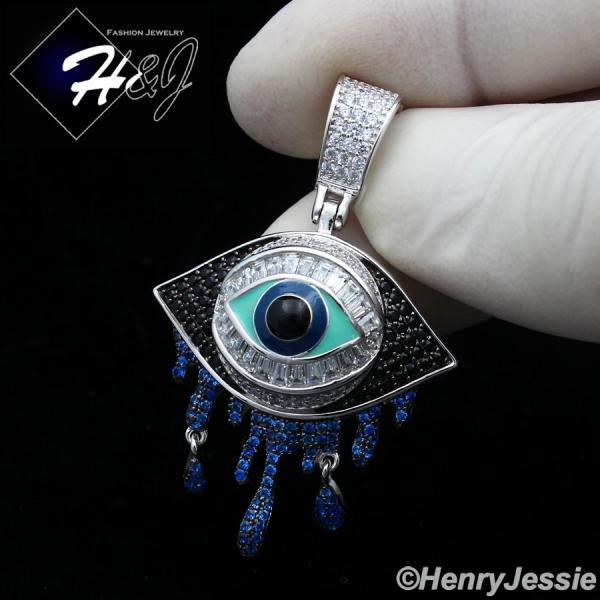 MEN WOMEN 925 STERLING SILVER ICY BLACK BLUE SILVER 3D EVIL EYE TEARDROP PENDANT*SP356