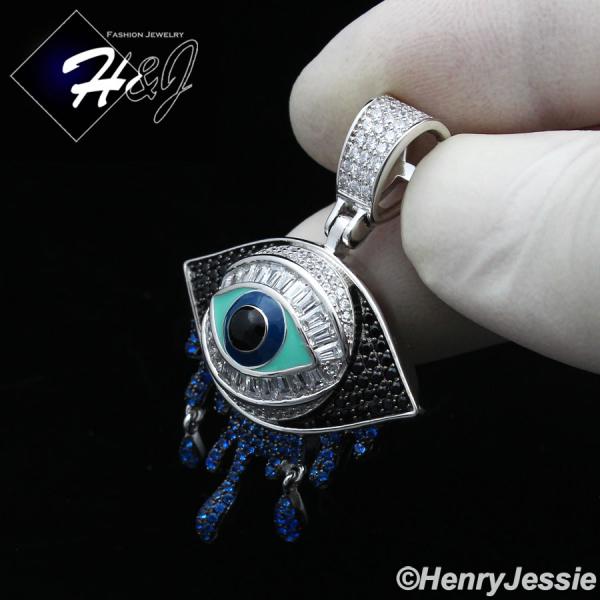 MEN WOMEN 925 STERLING SILVER ICY BLACK BLUE SILVER 3D EVIL EYE TEARDROP PENDANT*SP356