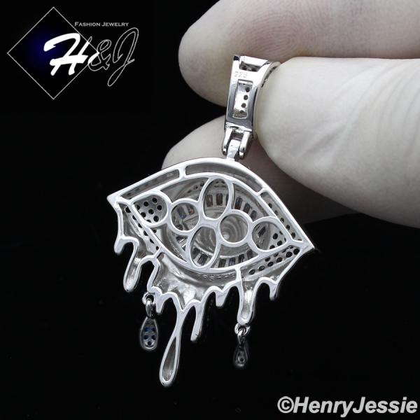MEN WOMEN 925 STERLING SILVER ICY BLACK BLUE SILVER 3D EVIL EYE TEARDROP PENDANT*SP356