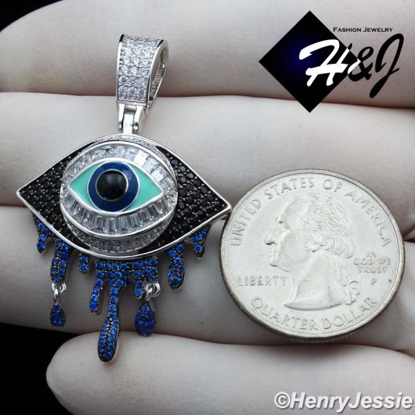 MEN WOMEN 925 STERLING SILVER ICY BLACK BLUE SILVER 3D EVIL EYE TEARDROP PENDANT*SP356