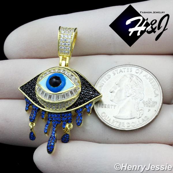 MEN WOMEN 925 STERLING SILVER ICY BLACK BLUE GOLD 3D EVIL EYE TEARDROP PENDANT*GP356
