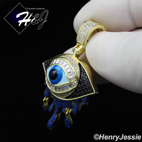 MEN WOMEN 925 STERLING SILVER ICY BLACK BLUE GOLD 3D EVIL EYE TEARDROP PENDANT*GP356