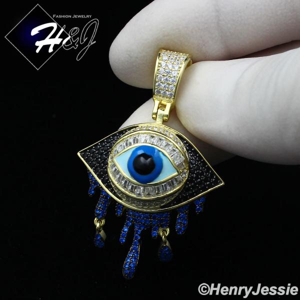 MEN WOMEN 925 STERLING SILVER ICY BLACK BLUE GOLD 3D EVIL EYE TEARDROP PENDANT*GP356