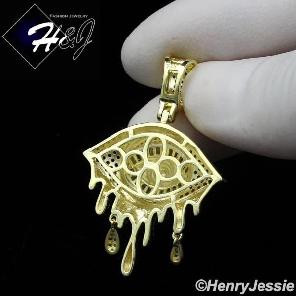 MEN WOMEN 925 STERLING SILVER ICY BLACK BLUE GOLD 3D EVIL EYE TEARDROP PENDANT*GP356