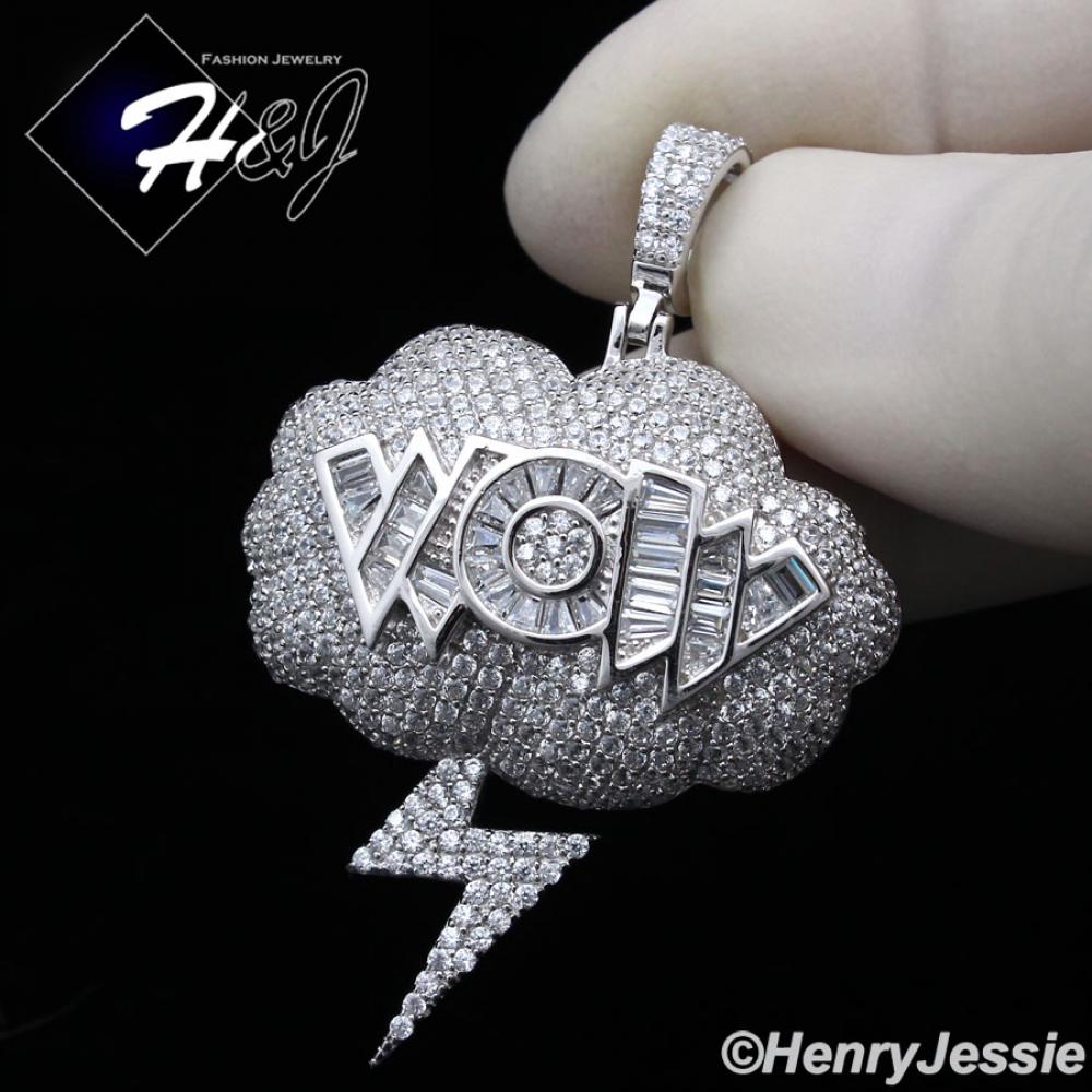 MEN 925 STERLING SILVER ICY DIAMOND HIP HOP "WOW" LIGHTNING BOLT 3D PENDANT*P376