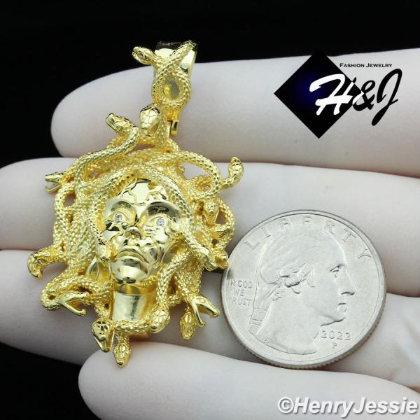 MEN SOLID 925 STERLING SILVER HIPHOP 3D MEDUSA HEAD GOLD CHARM PENDANT*SP386