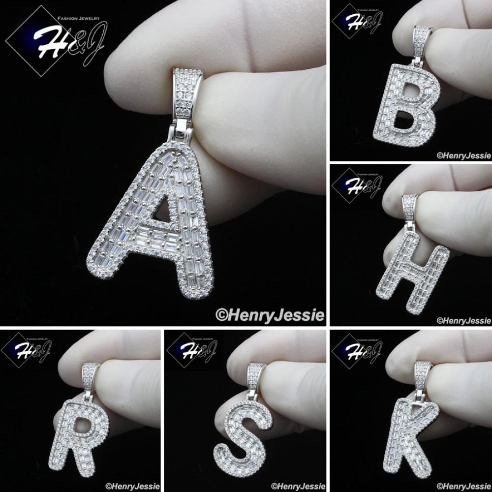 MEN WOMEN 925 STERLING SILVER ICY BAGUETTE CZ 3D 26 INITIAL LETTERS PENDANT*SP412