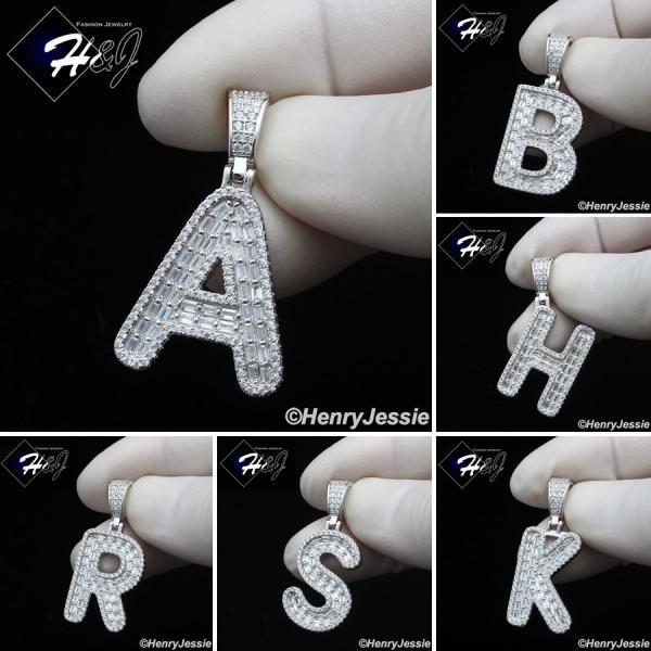 MEN WOMEN 925 STERLING SILVER ICY BAGUETTE CZ 3D 26 INITIAL LETTERS PENDANT*SP412