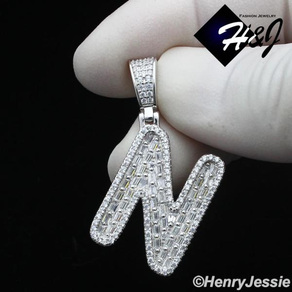 MEN WOMEN 925 STERLING SILVER ICY BAGUETTE CZ 3D 26 INITIAL LETTERS PENDANT*SP412