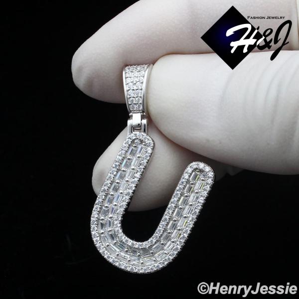 MEN WOMEN 925 STERLING SILVER ICY BAGUETTE CZ 3D 26 INITIAL LETTERS PENDANT*SP412