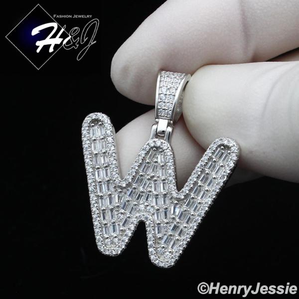 MEN WOMEN 925 STERLING SILVER ICY BAGUETTE CZ 3D 26 INITIAL LETTERS PENDANT*SP412