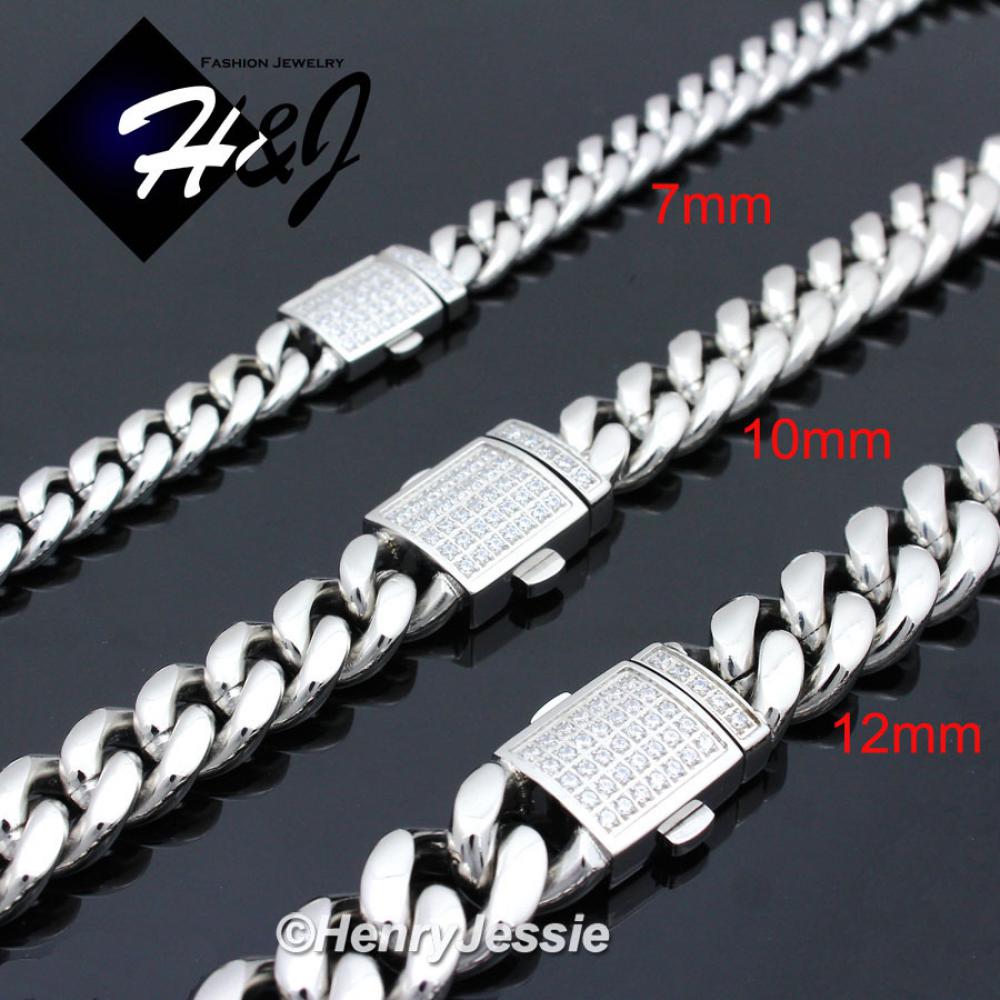 7.5"-40"MEN Stainless Steel 7mm/10mm/12mm Silver Icy Bling CZ Miami Cuban Curb Chain Bracelet Necklace*SN165