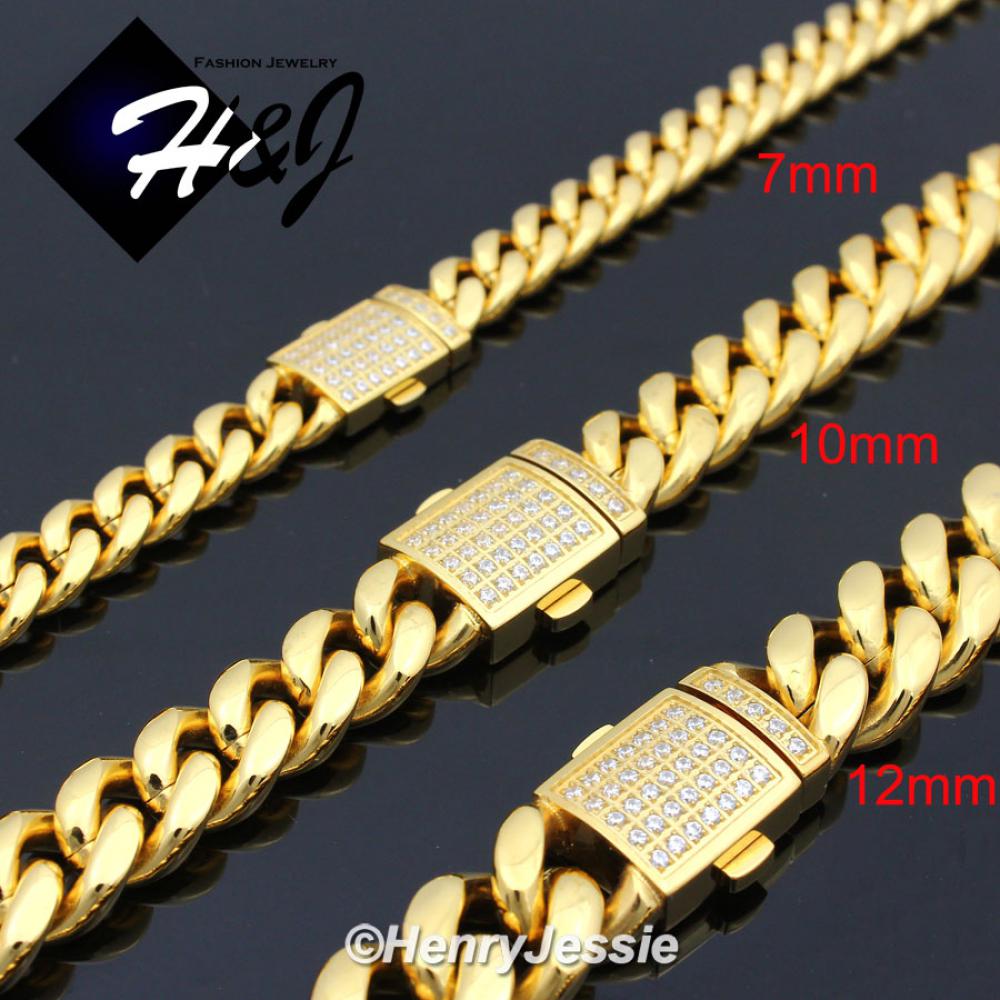 7.5"-40"MEN Stainless Steel 7mm/10mm/12mm Icy Bling CZ Gold Plated Miami Cuban Curb Chain Bracelet Necklace*GN165