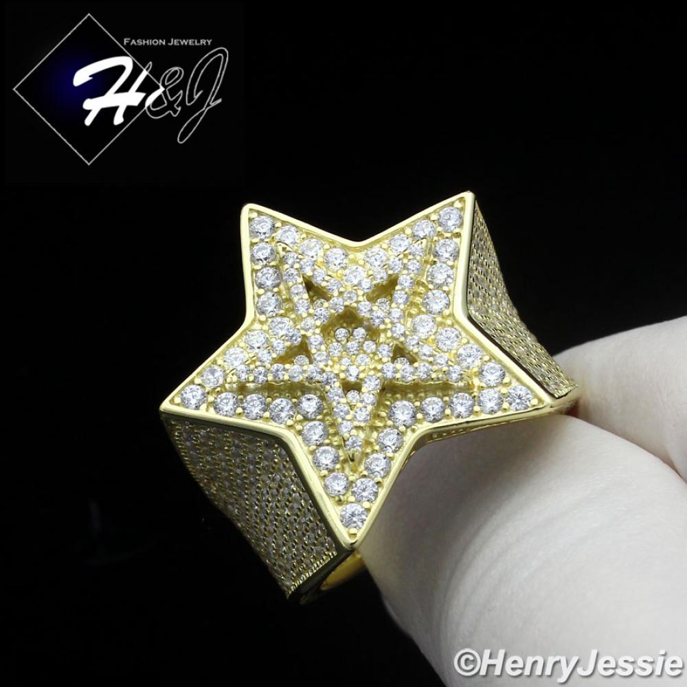 MEN 925 STERLING SILVER FULL ICY BLING CZ 3D GOLD DOUBLE STAR RING*GR205