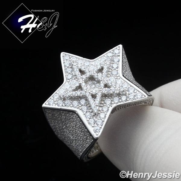 MEN SOLID 925 STERLING SILVER FULL ICY BLING CZ 3D DOUBLE STAR RING*SR205